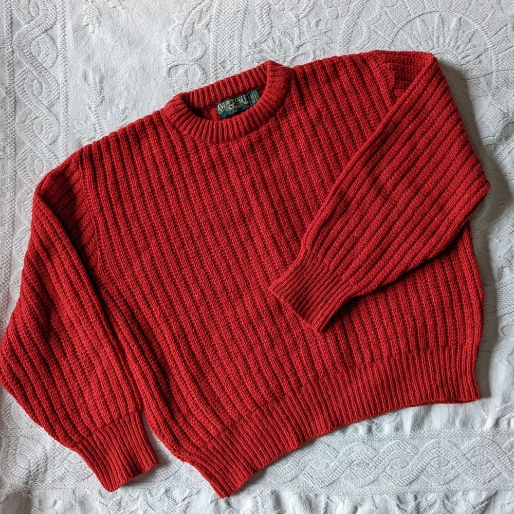 70s/80s Vintage American Eagle Red Tweed Chunky Ribbed Knit Crewneck Sweater XL